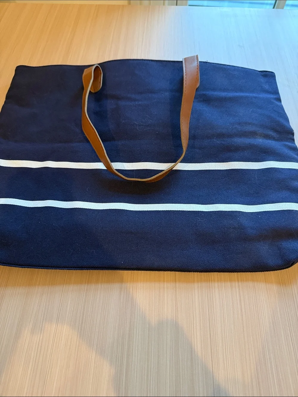 White House Black Market Navy Canvas Duffel with White Stripes and Brown Handles